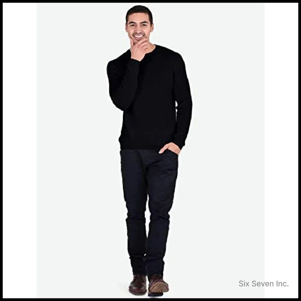 Luxury Cashmere Crewneck Sweater Classic Minimal Tailored Fit Pullover Men